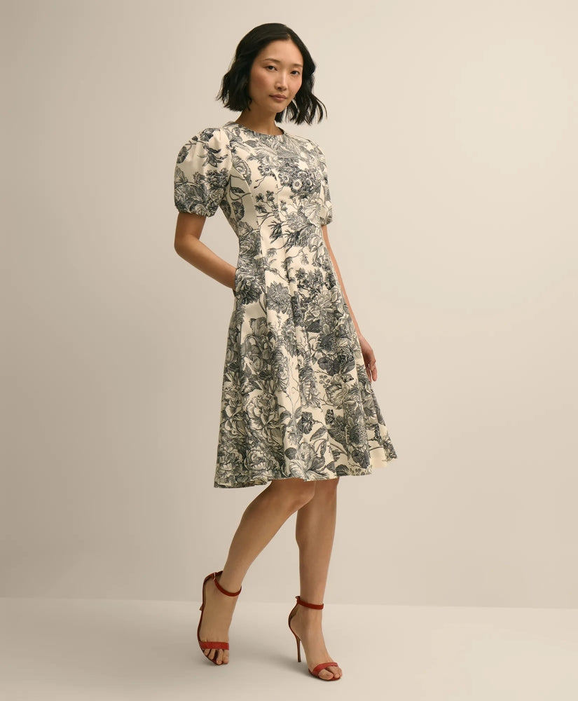 Cotton Blend Puff-Sleeve Floral Print Dress